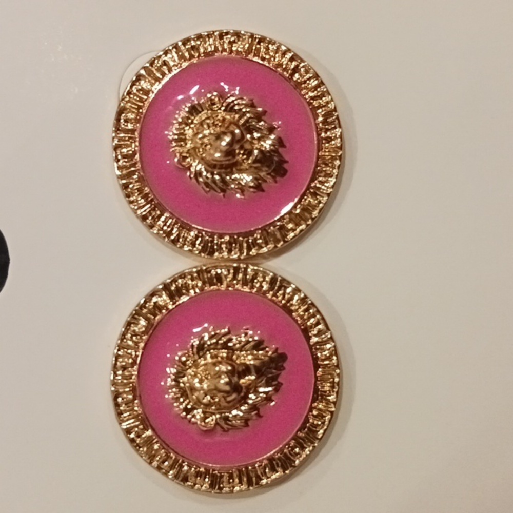 Gold & Pink Round Lion Earrings - Picture 3 of 5